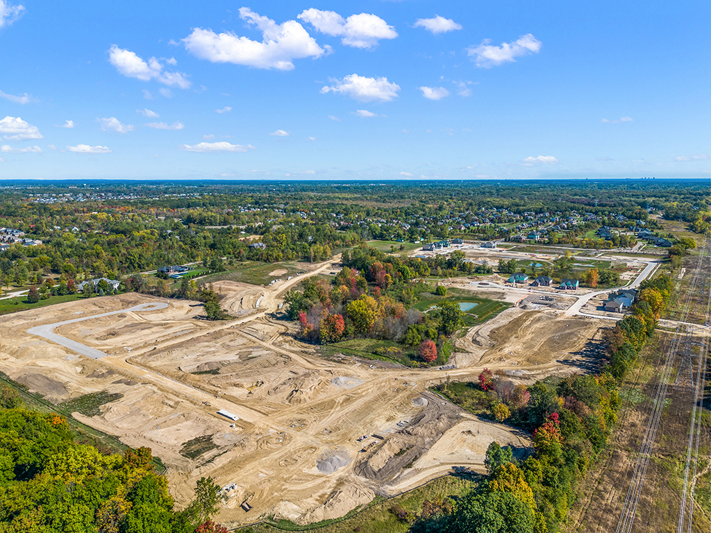 Wide aerial view of the Windridge Estates site during early construction