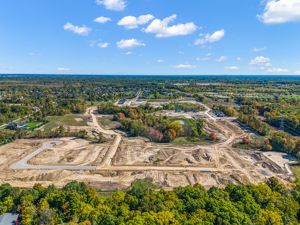 Aerial view of early homes and natural areas at Windridge Estates