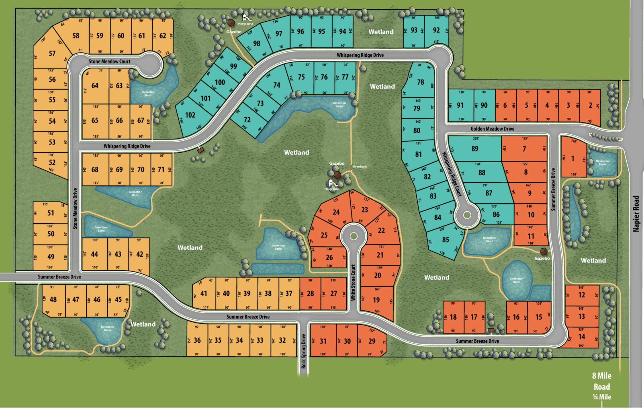 Illustrated lot map of Windridge Estates showing 102 numbered lots, streets, wetlands, paths, and gathering areas